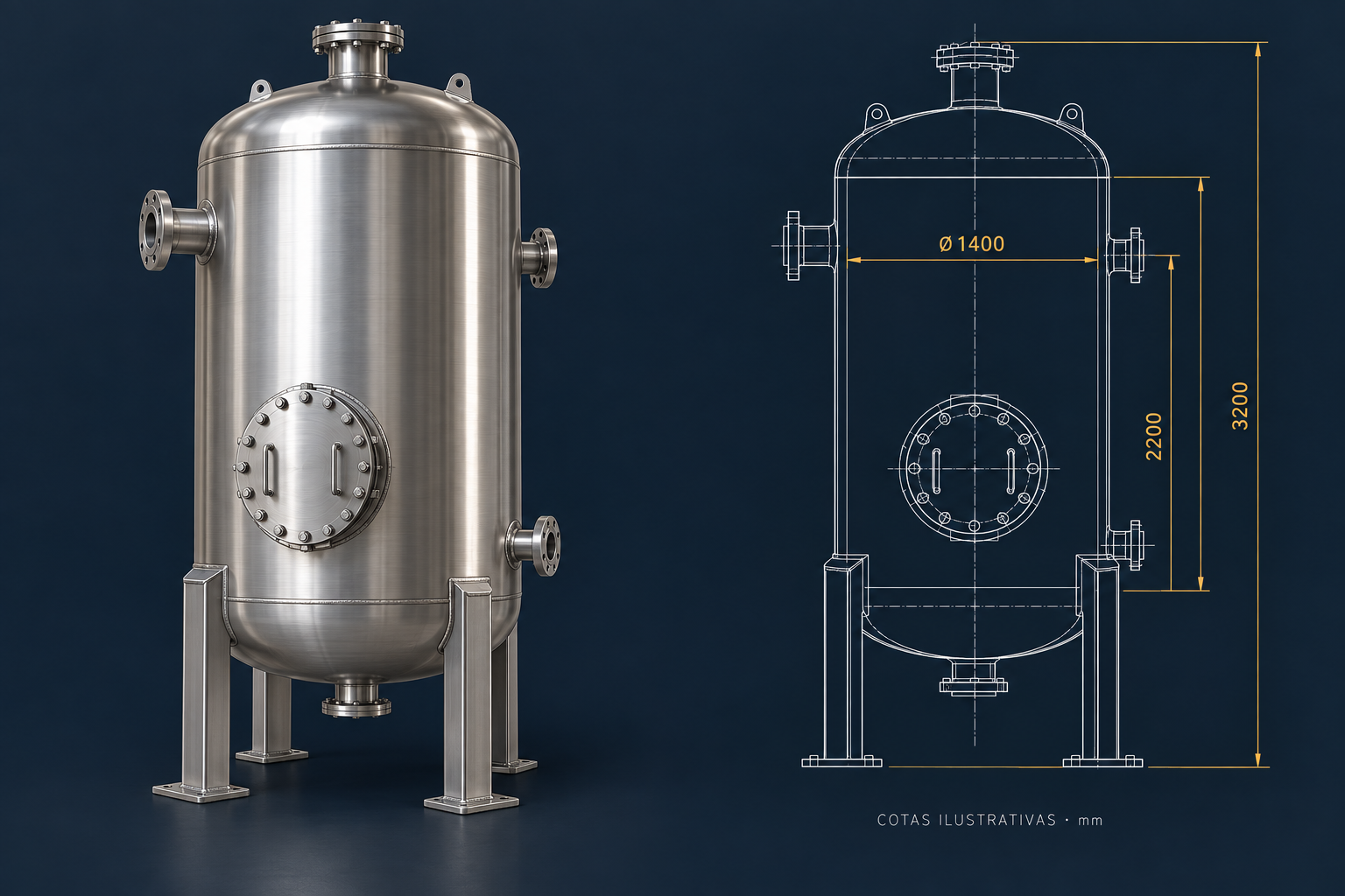 Vaso de pressão industrial em 3D ao lado de desenho técnico com cotas ilustrativas